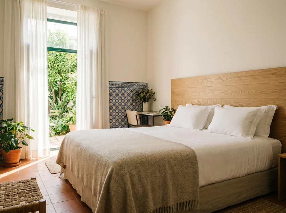 Bright hotel king room with a garden view and blue tile wall